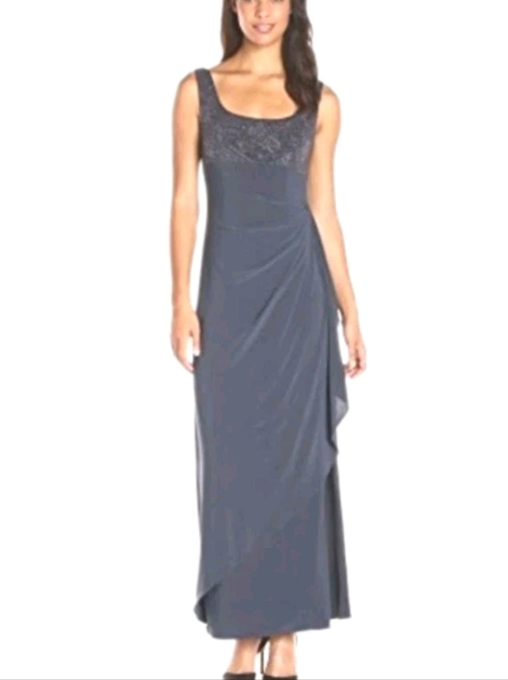 Alex Evening Gown Maxi Dress 10 Metallic Navy Blue Ruffles Ruched Formal Wedding